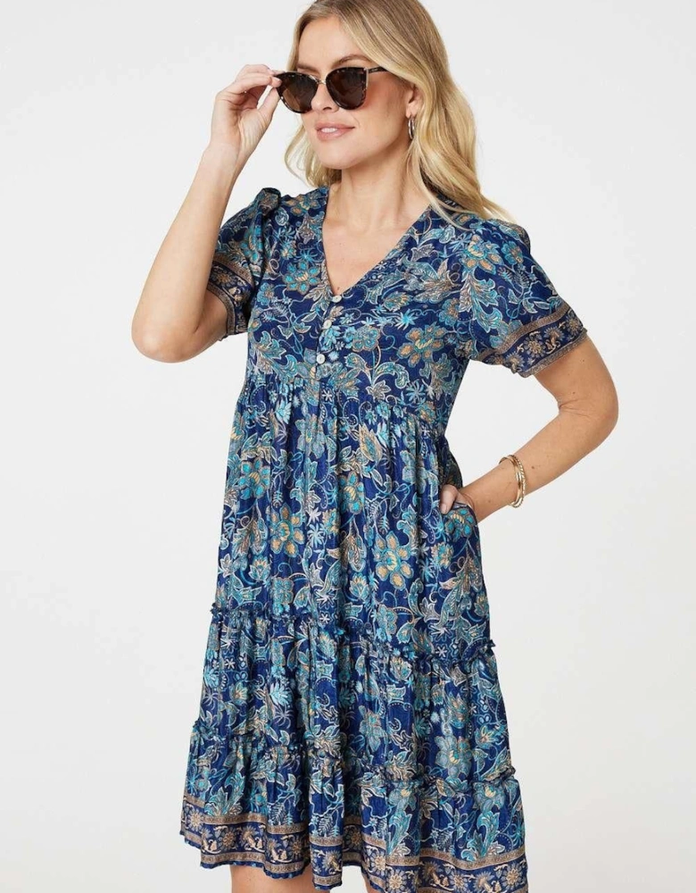 Paisley Border Print V-Neck Short Dress