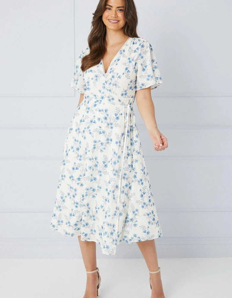 Floral Satin Jacquard Wrap Midi Dress