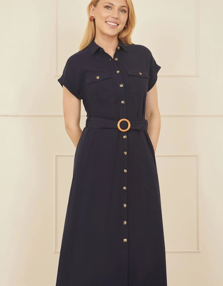 Navy Viscose Linen Look Midi Shirt Dress With Wooden Belt