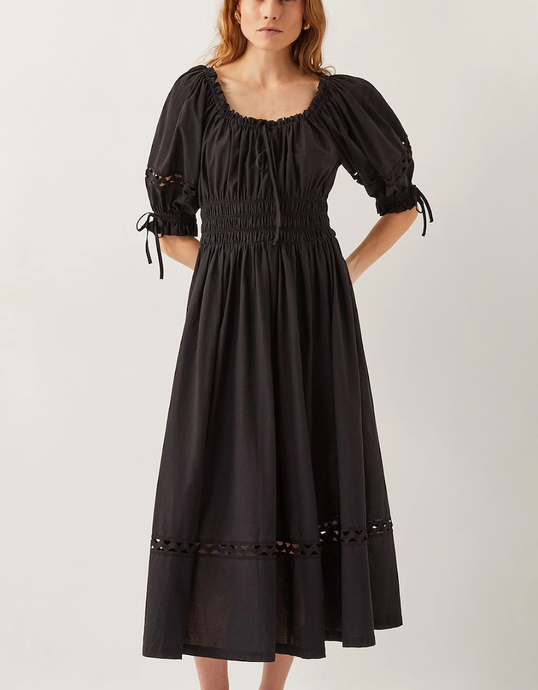 Riley Puff Sleeve Embroidered Midi Dress Black, 2 of 1