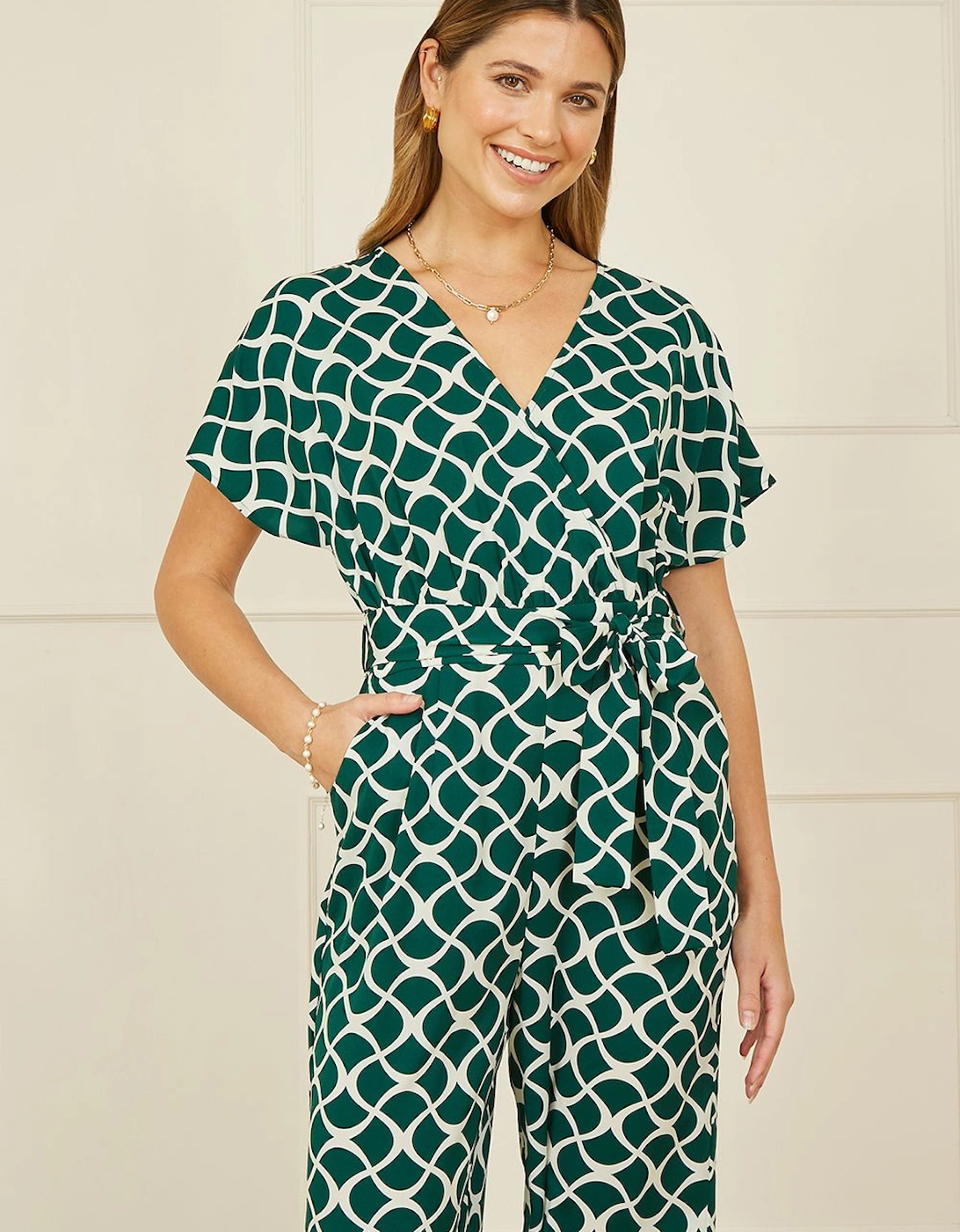 Green Geometric Print Wrap Jumpsuit, 2 of 1