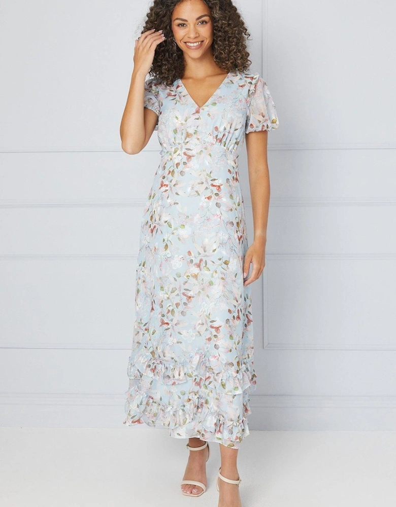 Floral Satin Ruffle Hem Midaxi Dress