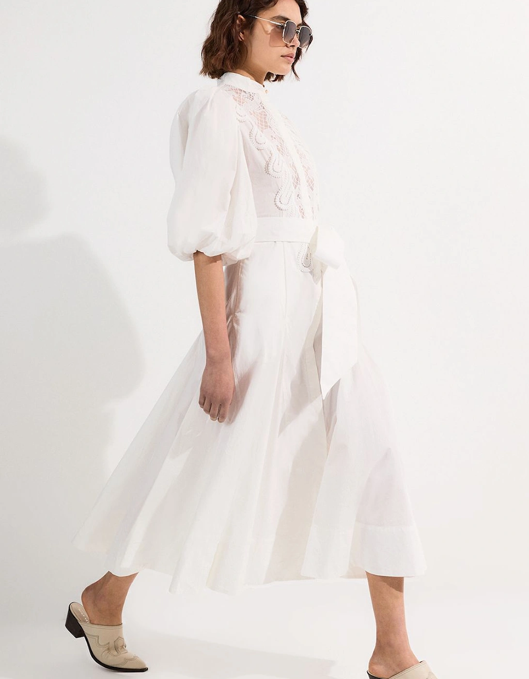 Poplin Cutwork Ruffle Trim Balloon Sleeve Woven Shirt Dress, 2 of 1