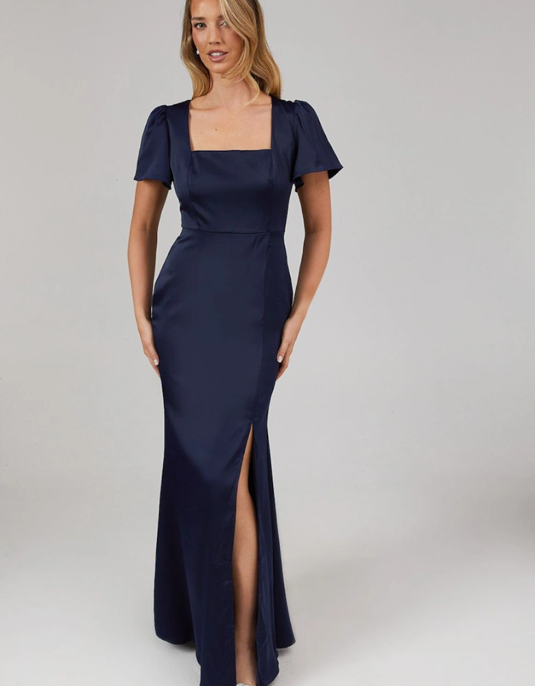 by Coast Angel Sleeve Square Neckline Satin Bridesmaid Maxi Dress