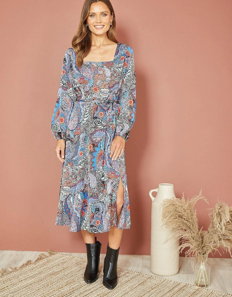Blue Paisley Print Long Sleeve Midi Dress