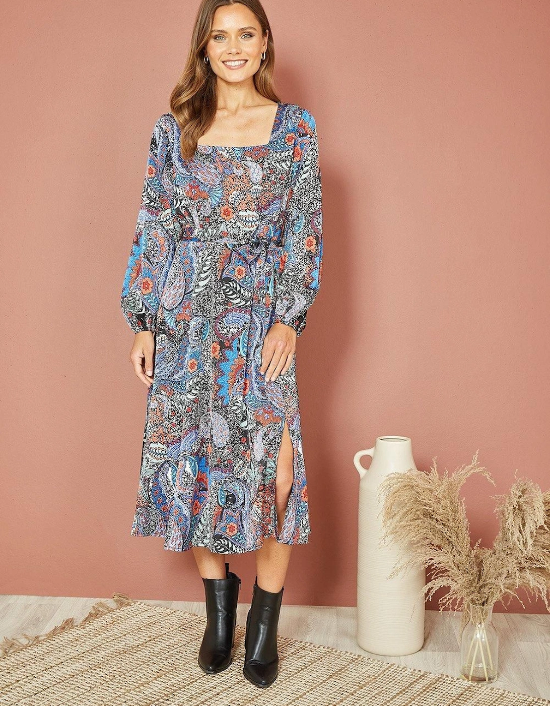 Blue Paisley Print Long Sleeve Midi Dress, 2 of 1