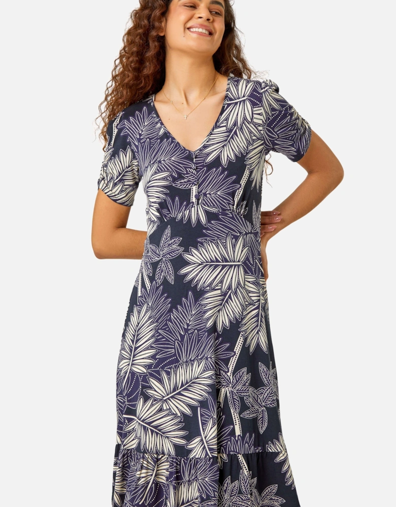 Tropical Leaf Frill Stretch Wrap Dress