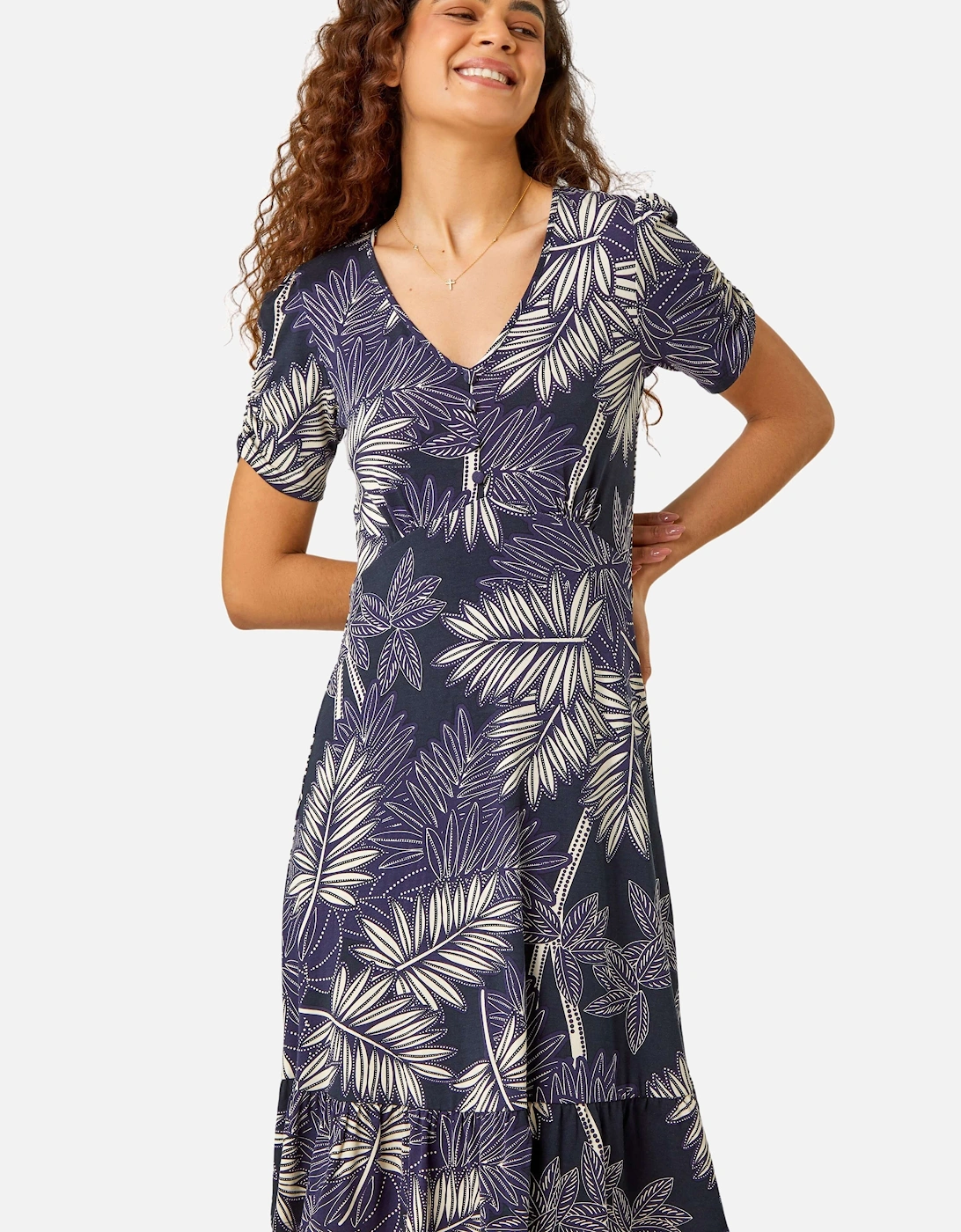 Tropical Leaf Frill Stretch Wrap Dress, 2 of 1