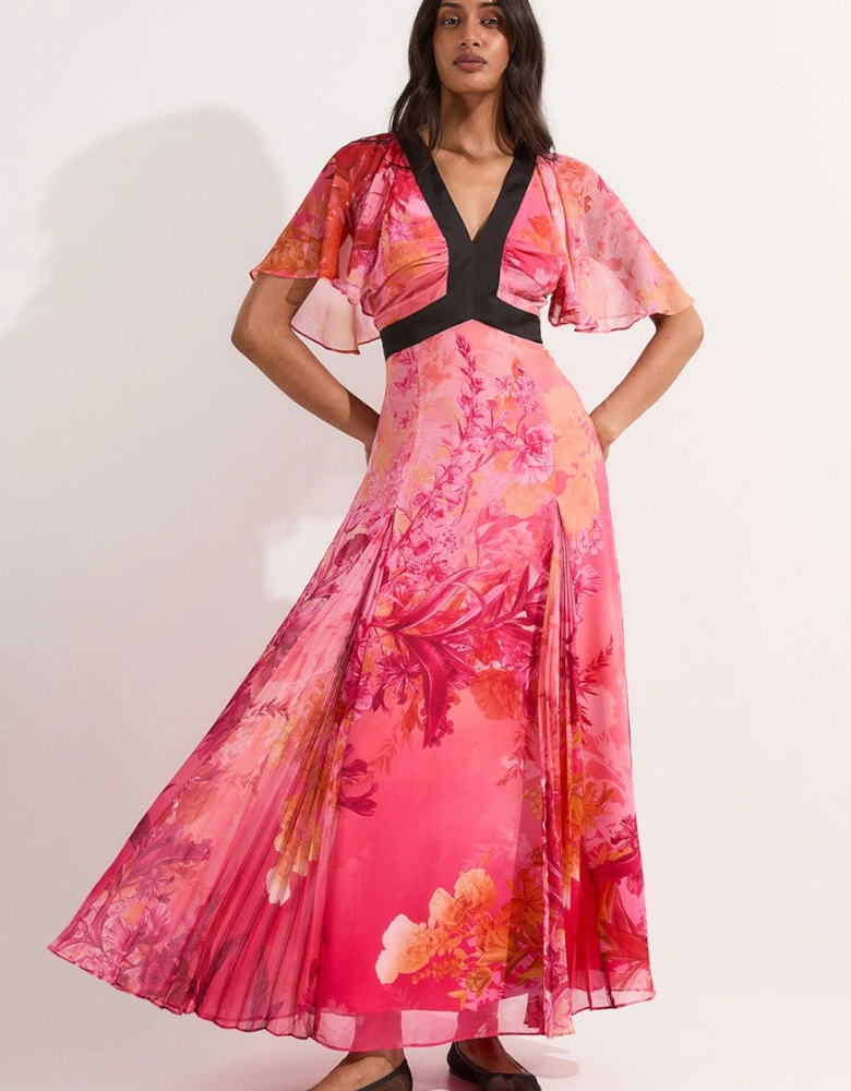 Pleated Floral Godet Panel Woven Maxi Dress