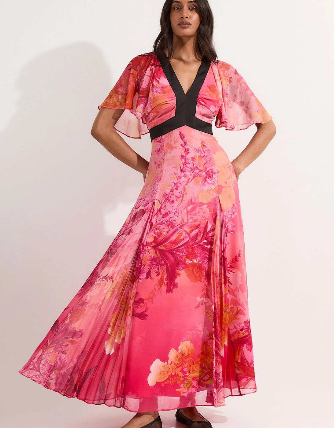Pleated Floral Godet Panel Woven Maxi Dress, 2 of 1