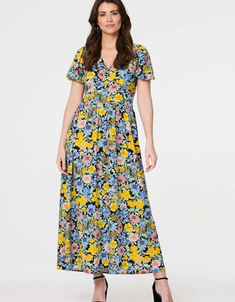 Floral Puff Sleeve Cut Out Maxi Dress