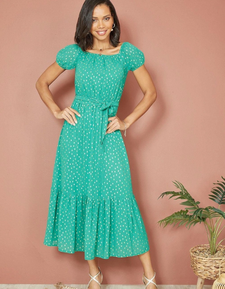 Green Foil Print Bardot Midi Dress