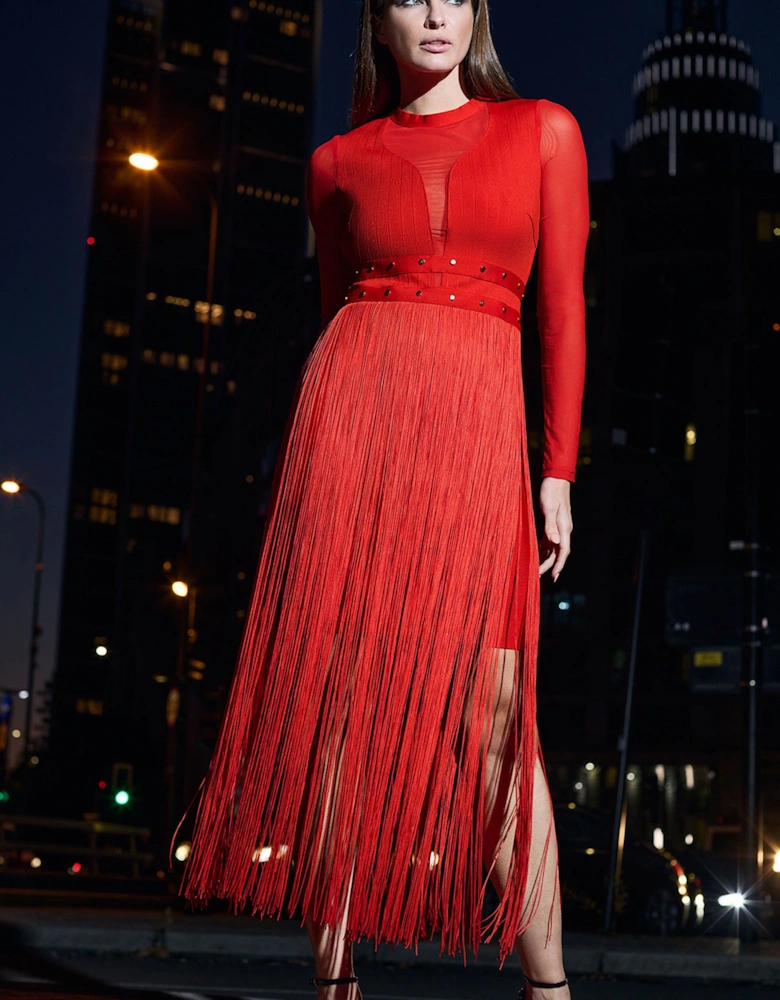 Long Sleeve Tassel Midi Dress