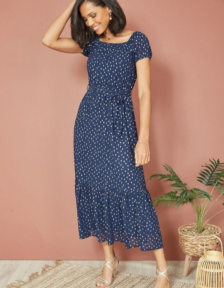 Navy Foil Print Bardot Midi Dress