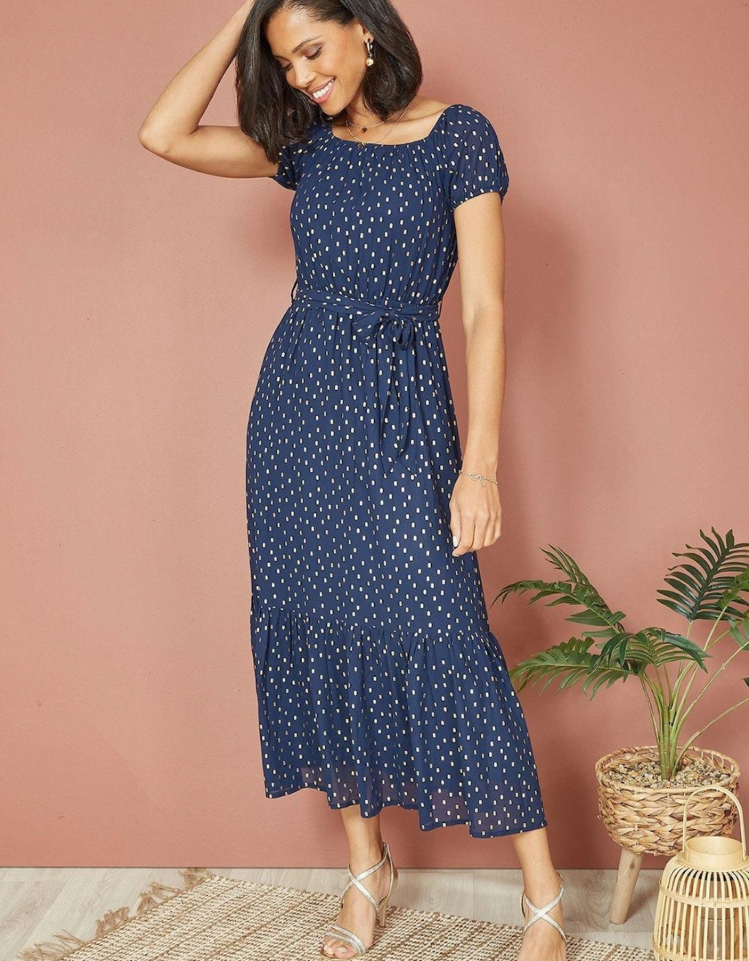 Navy Foil Print Bardot Midi Dress, 2 of 1