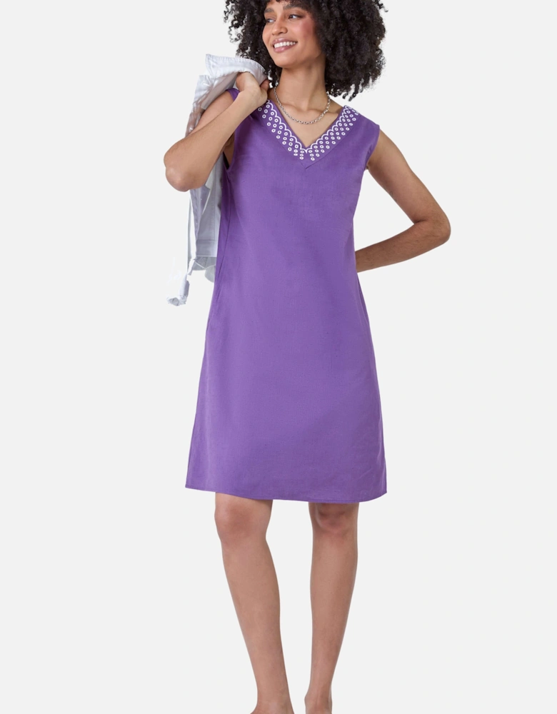 Cotton Blend Embroidered Pocket Shift Dress