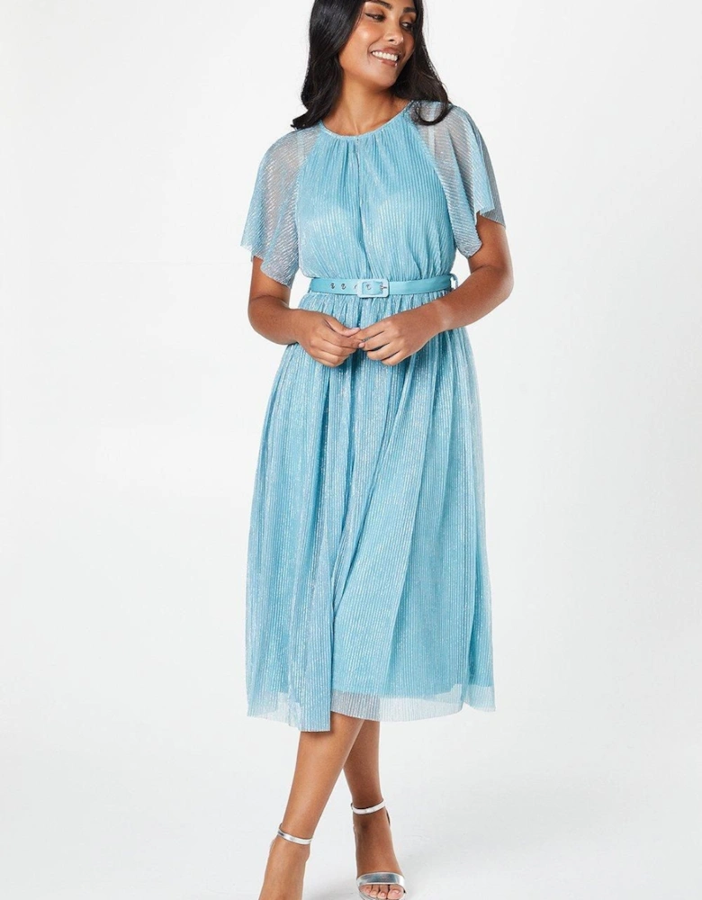 Petite Metallic Plisse Angel Sleeve Midi Dress