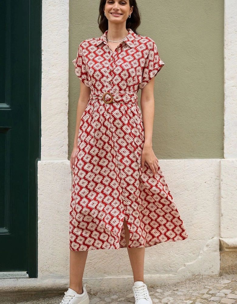 Red Viscose Midi Shirt Dress With Matching Belt