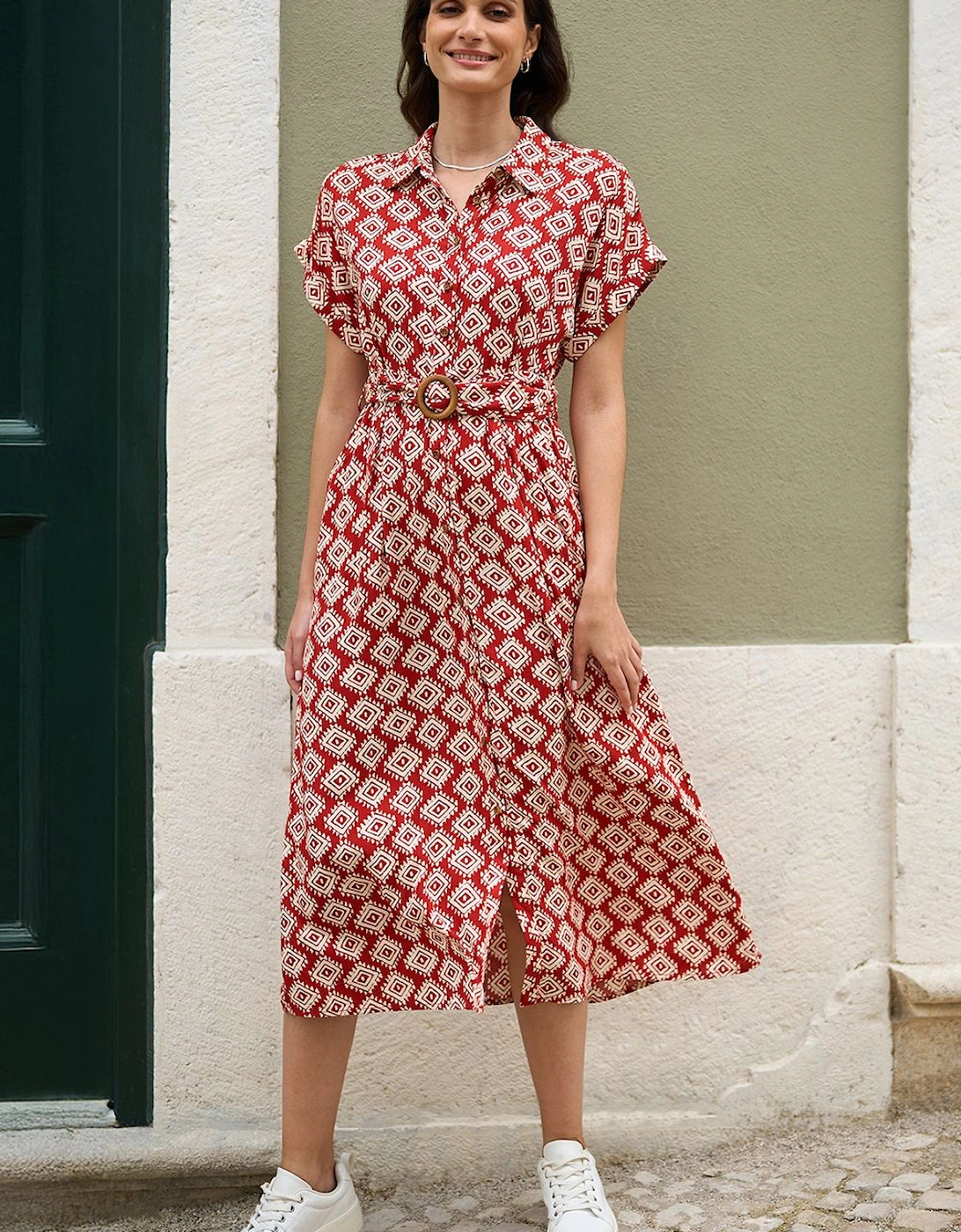 Red Viscose Midi Shirt Dress With Matching Belt, 2 of 1