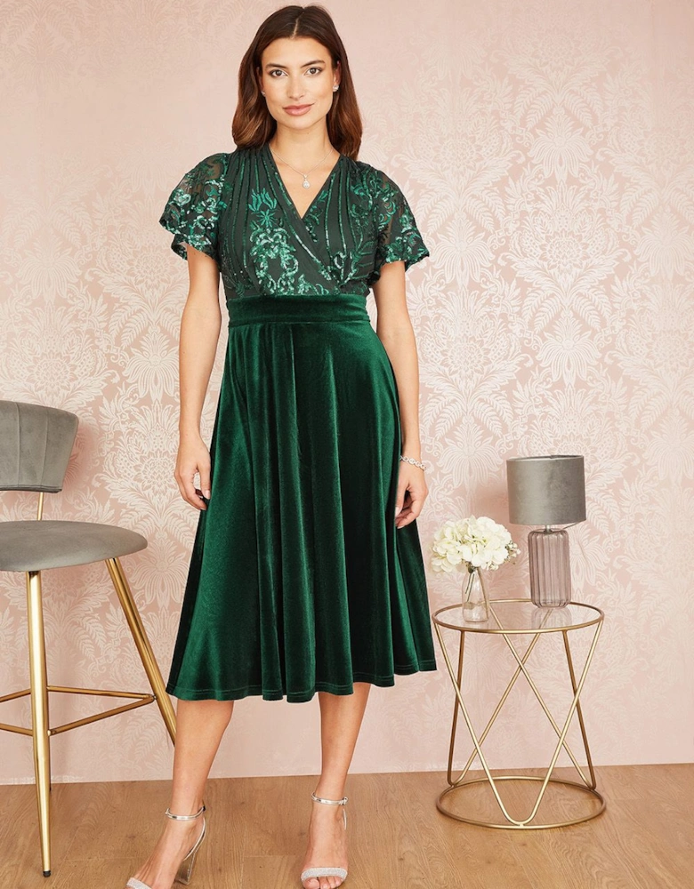 Green Embellished Velvet Wrap Skater Midi Dress