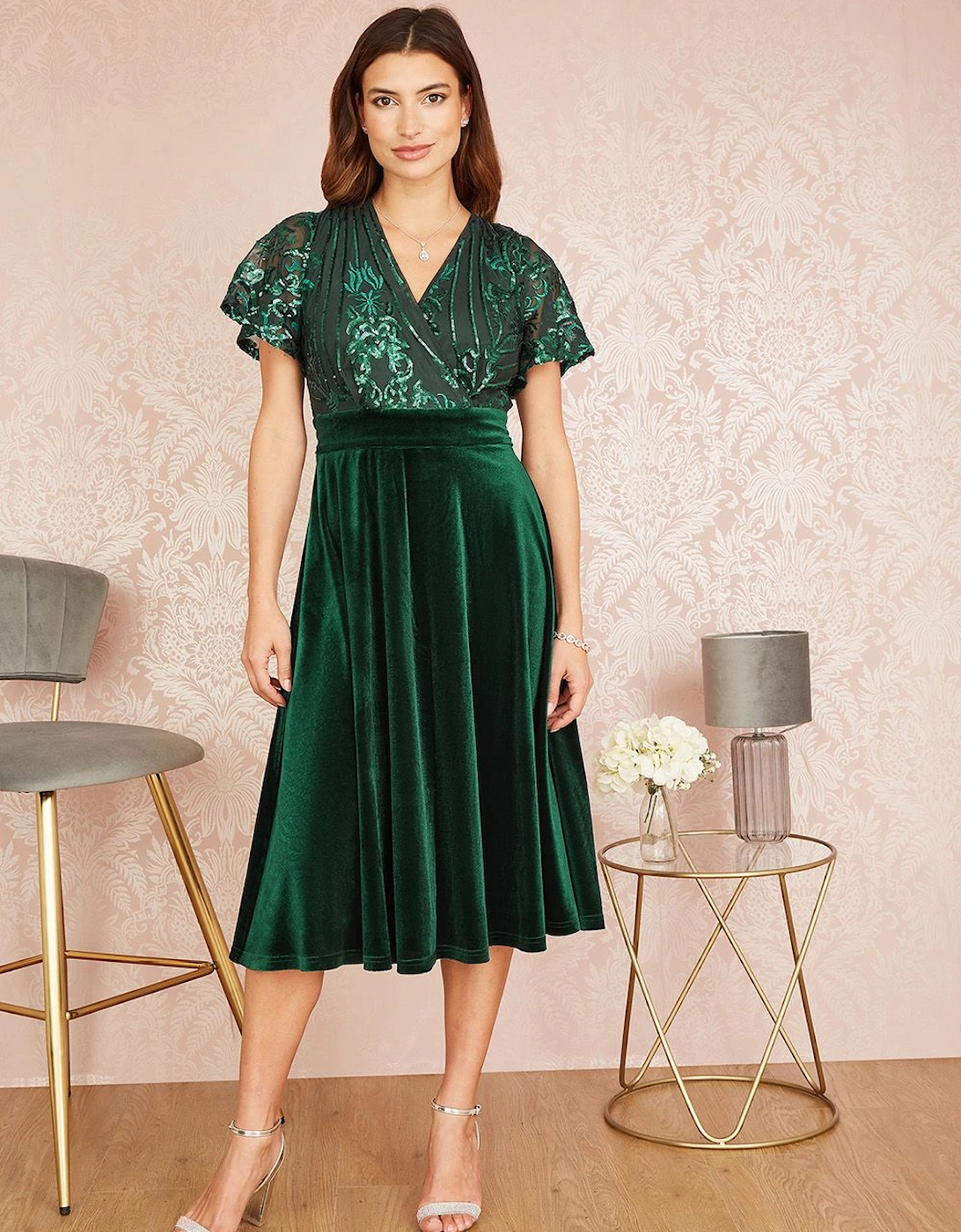 Green Embellished Velvet Wrap Skater Midi Dress, 2 of 1