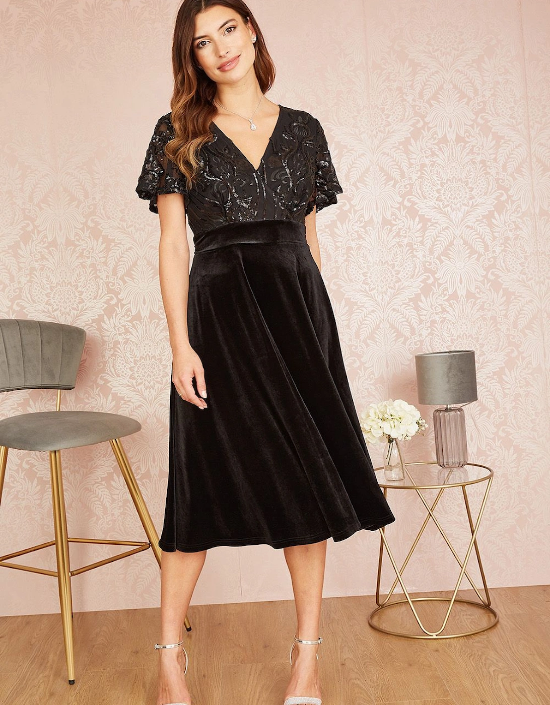 Black Embellished Velvet Wrap Skater Midi Dress, 2 of 1