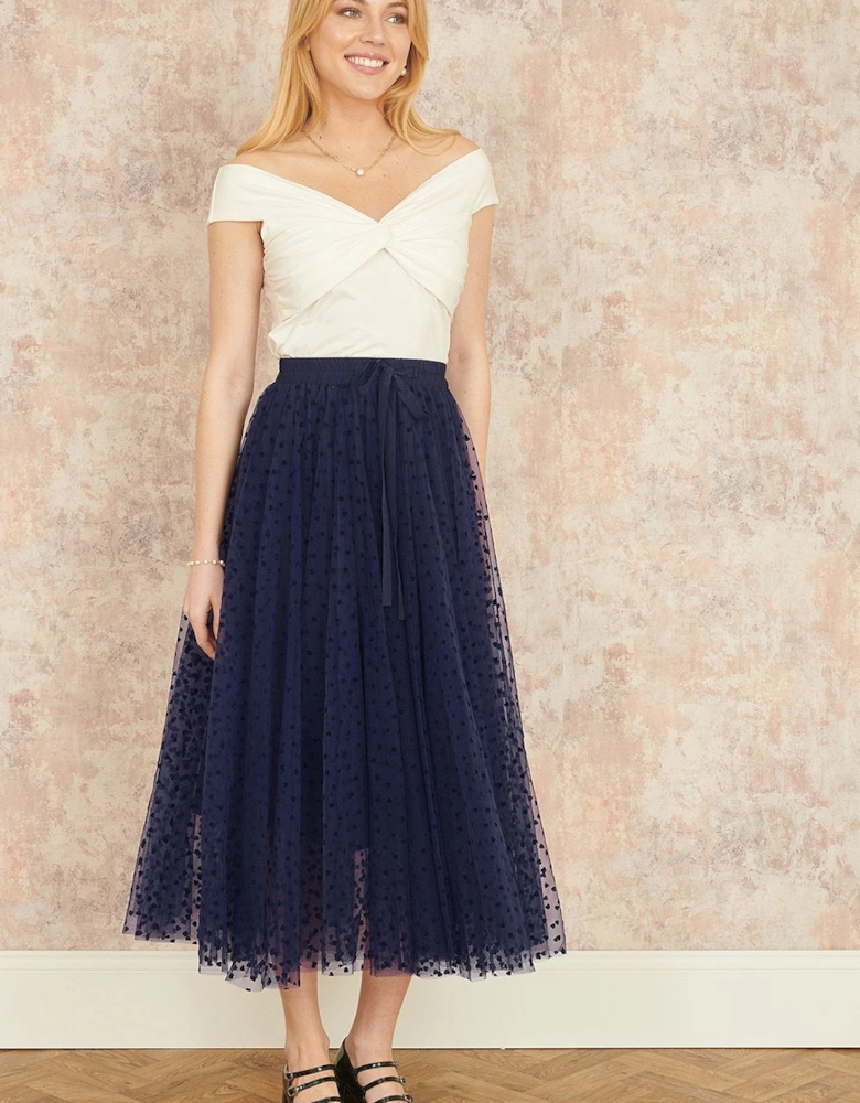 Navy Mesh Heart Print Tulle Skirt