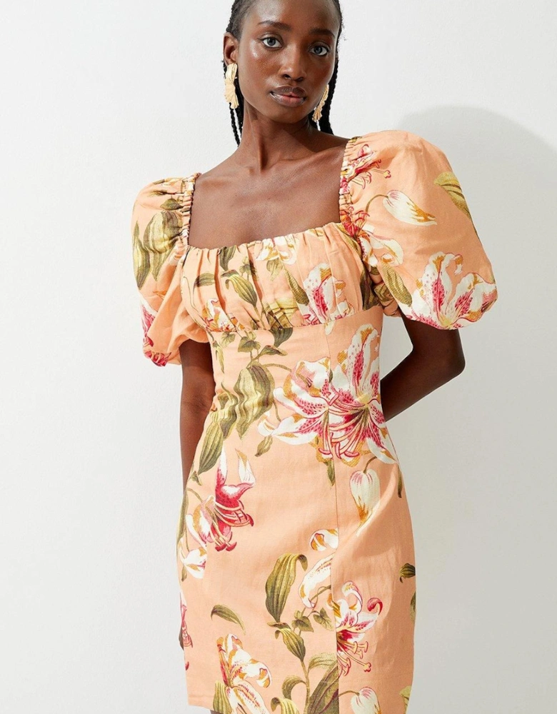Petite Paisley Viscose Linen Woven Puff Sleeve Mini Dress