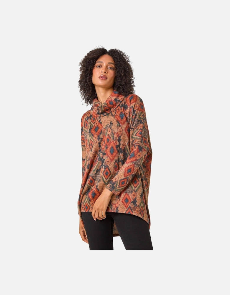 Aztec Print Cowl Neck Tunic Top