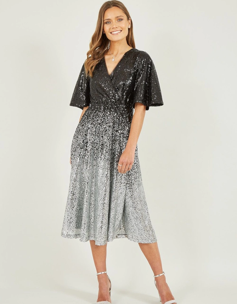 Black And Silver Ombre Sequin Midi Wrap Dress