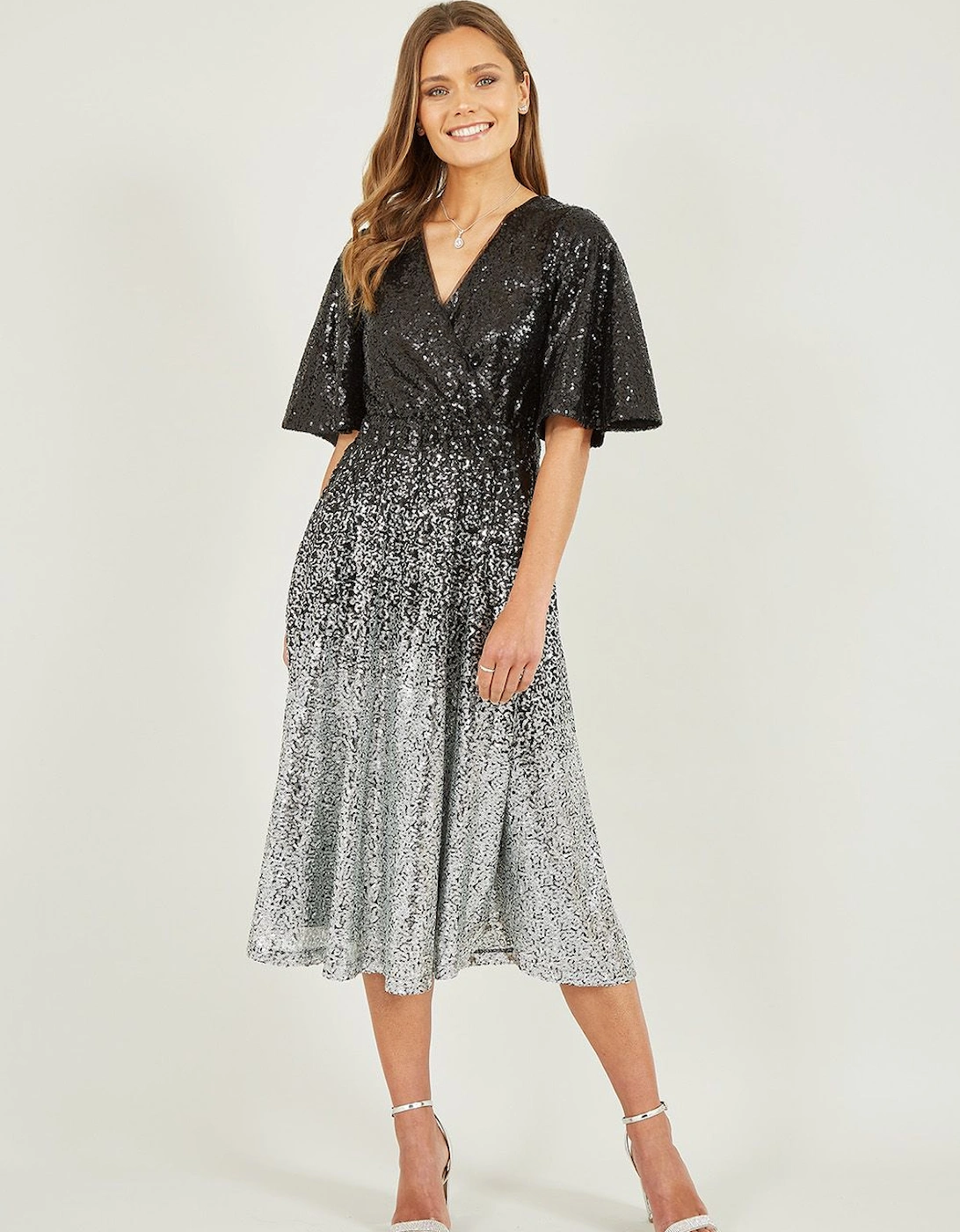 Black And Silver Ombre Sequin Midi Wrap Dress, 2 of 1
