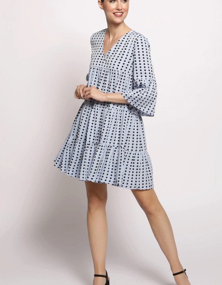 Pale Blue Spot Tiered Smock Dress