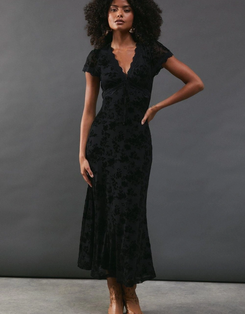 Velvet Mesh Lace Insert Midi Tea Dress