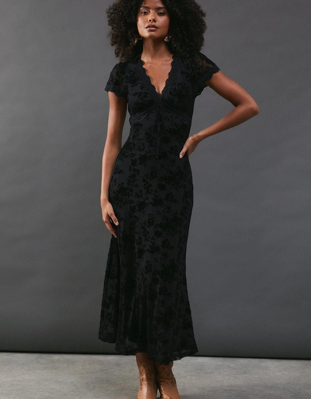 Velvet Mesh Lace Insert Midi Tea Dress, 2 of 1
