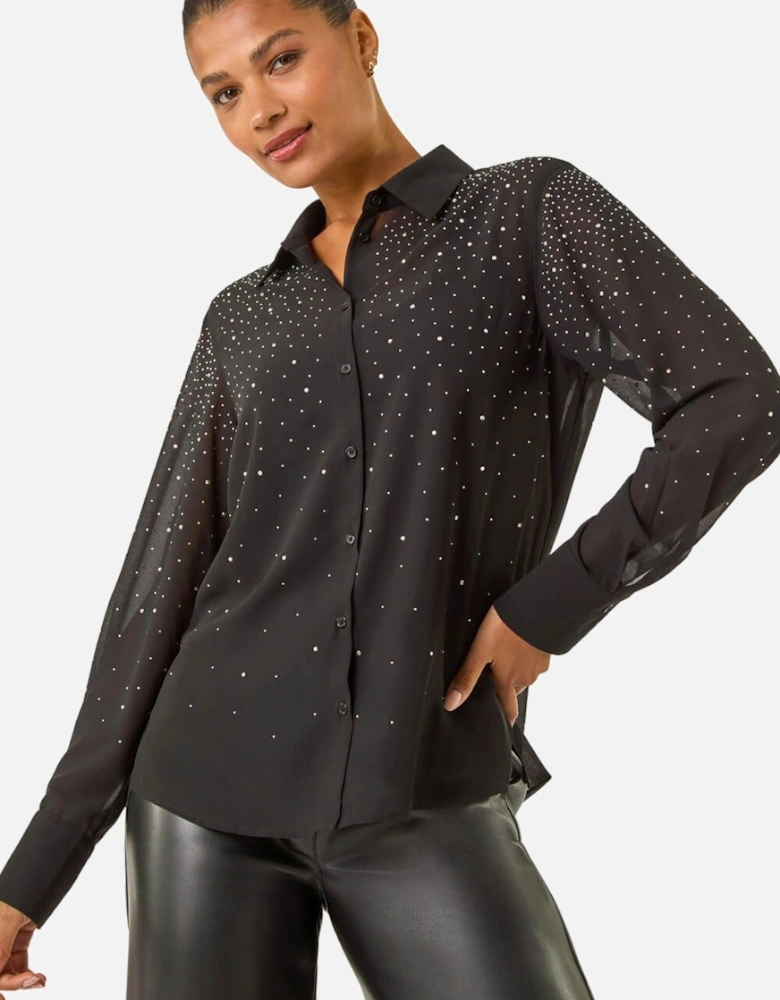Diamante Hotfix Button Blouse