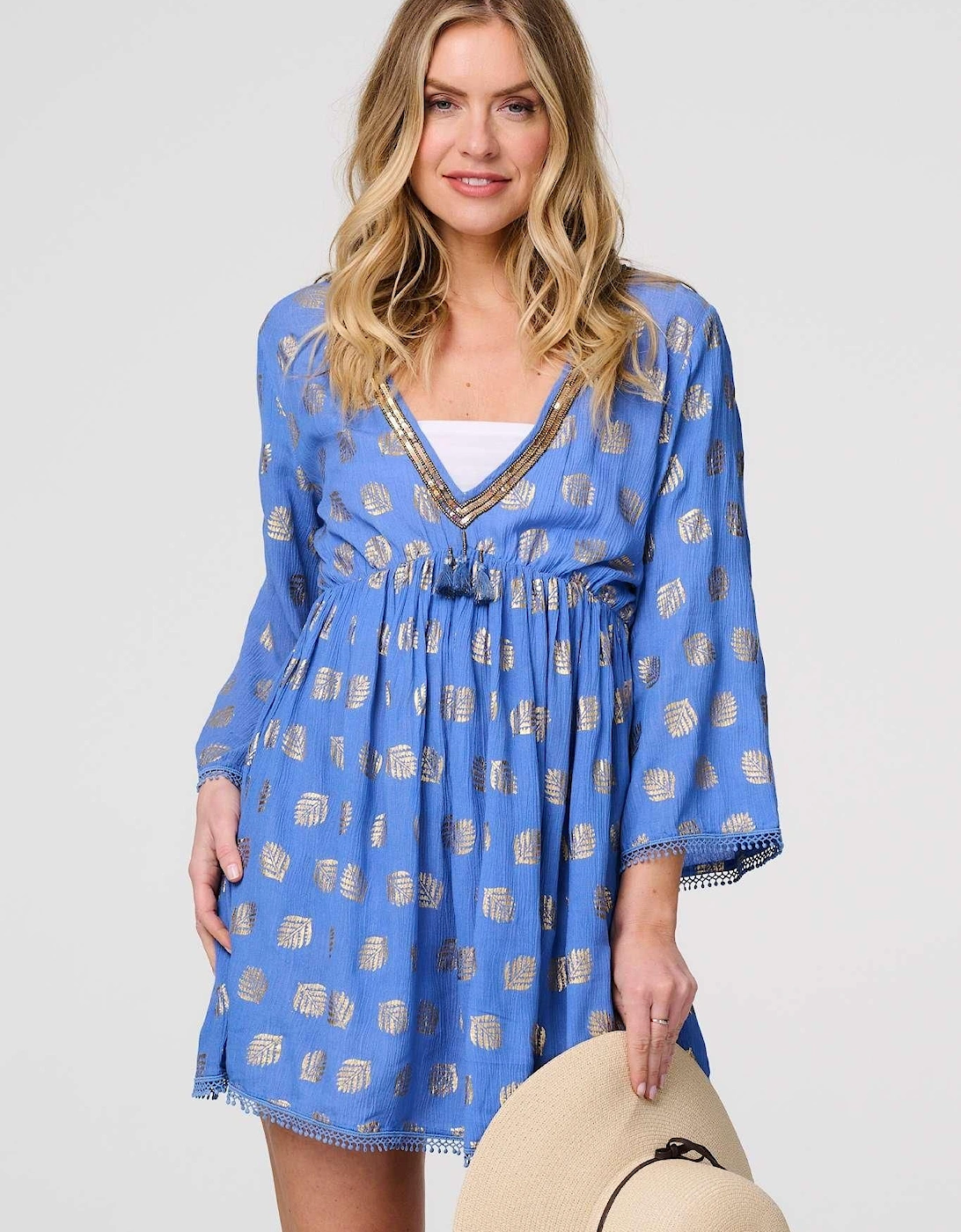 Foiled Leaf Print Short Beach Dress, 2 of 1