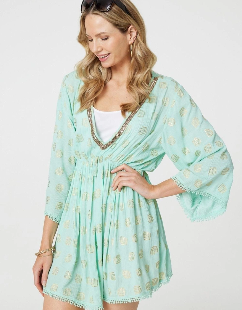Foiled Leaf Print Short Beach Dress