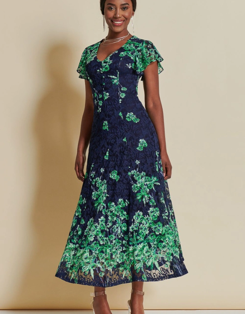 Lace Floral Print Fit & Flare Maxi Dress