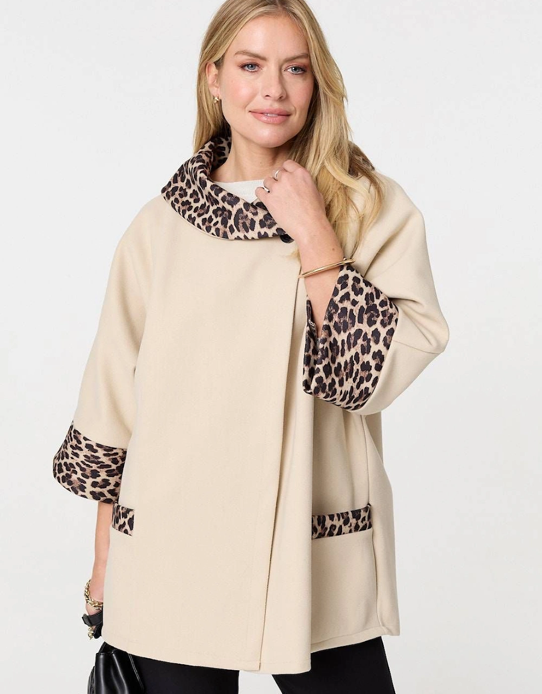 Animal Print Trim 3/4 Sleeve Cape Coat, 2 of 1