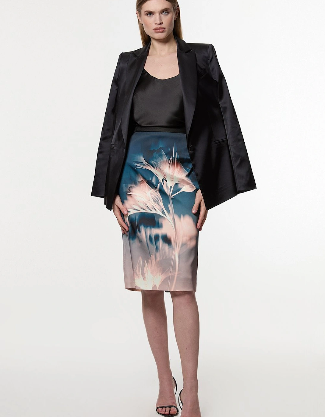 Abstract Ombre Floral Italian Structured Satin Tailored Midi Skirt, 2 of 1
