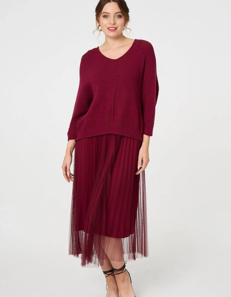 Layered Knit Top Mesh Pleated Midi Dress
