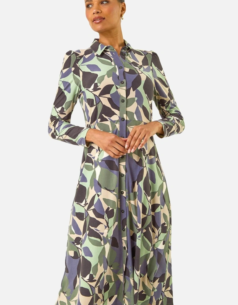 Abstract Leaf Print Shirt Dress