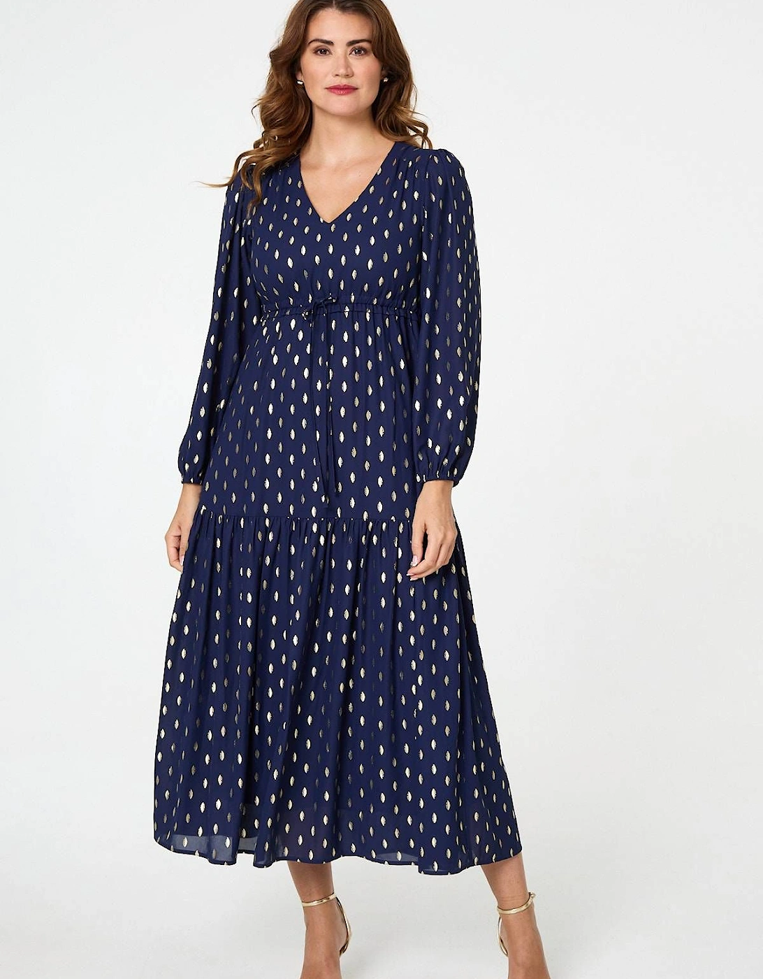 Metallic Print V-Neck Tiered Maxi Dress, 2 of 1