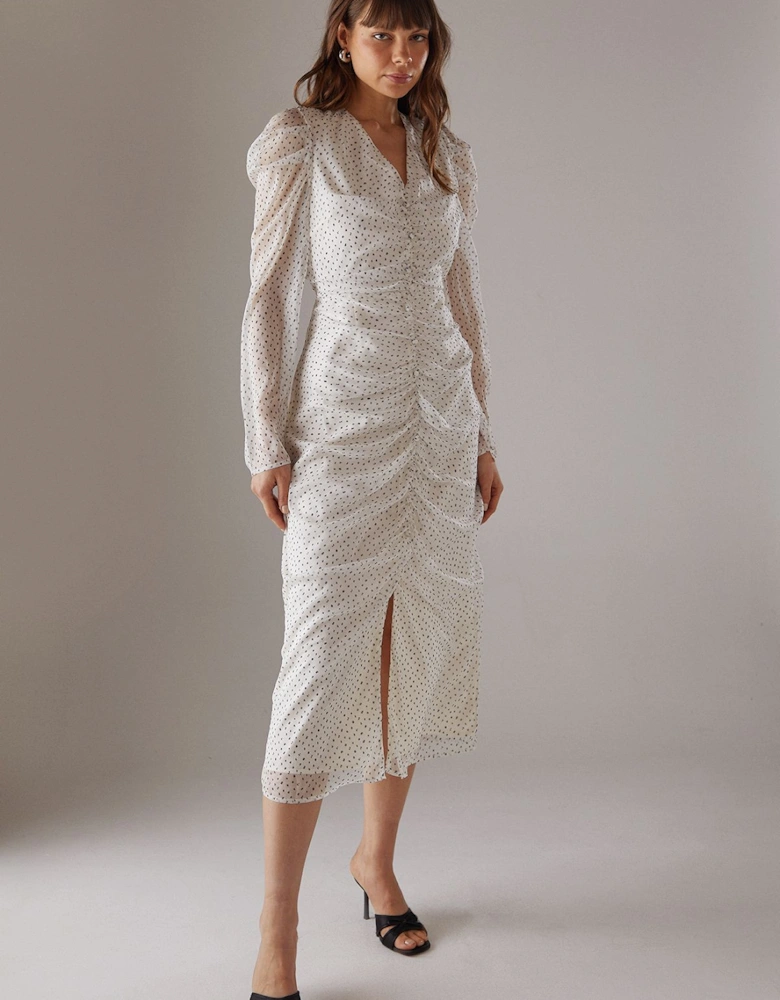 Spot Chiffon Ruched Plunge Button front Midi Dress