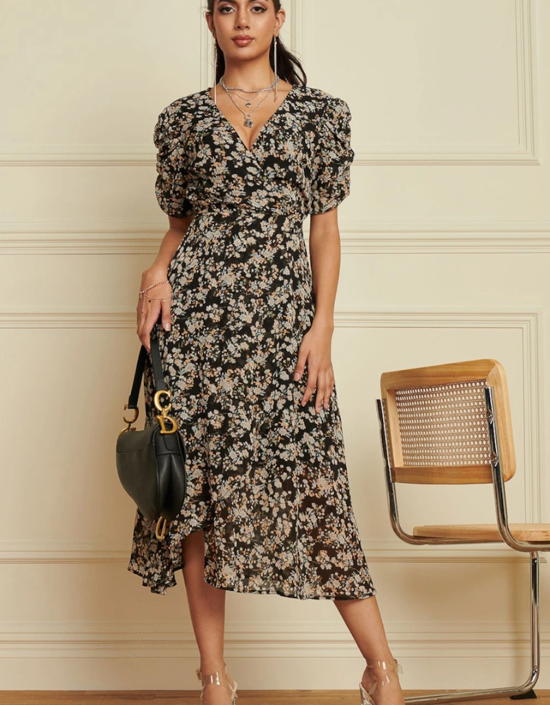 Puff Sleeve Chiffon Wrap Midi Dress