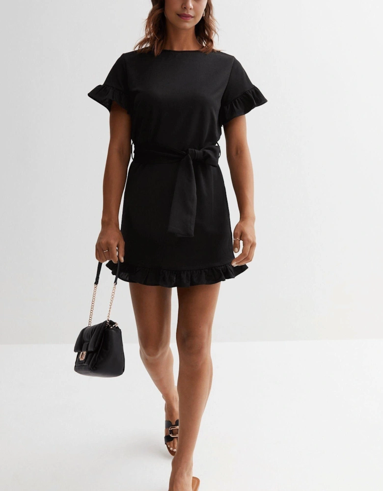 Short Sleeve Frill A-Line Mini Dress in Black