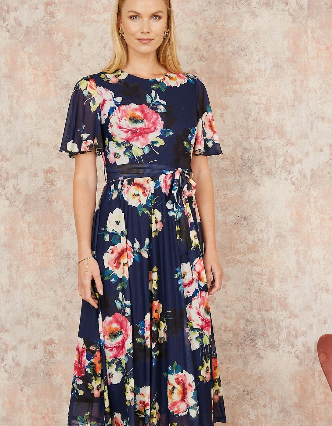 Navy Mesh Floral Print Midi Dress With Angel Sleeves, 2 of 1