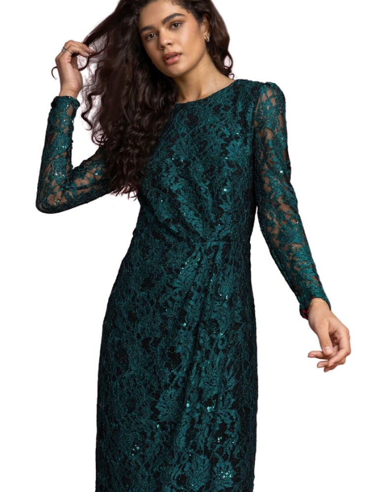 Sequin Ruched Lace Wrap Dress