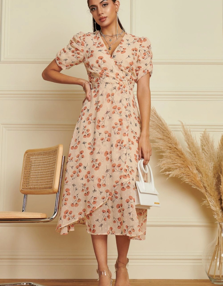 Puff Sleeve Chiffon Wrap Midi Dress
