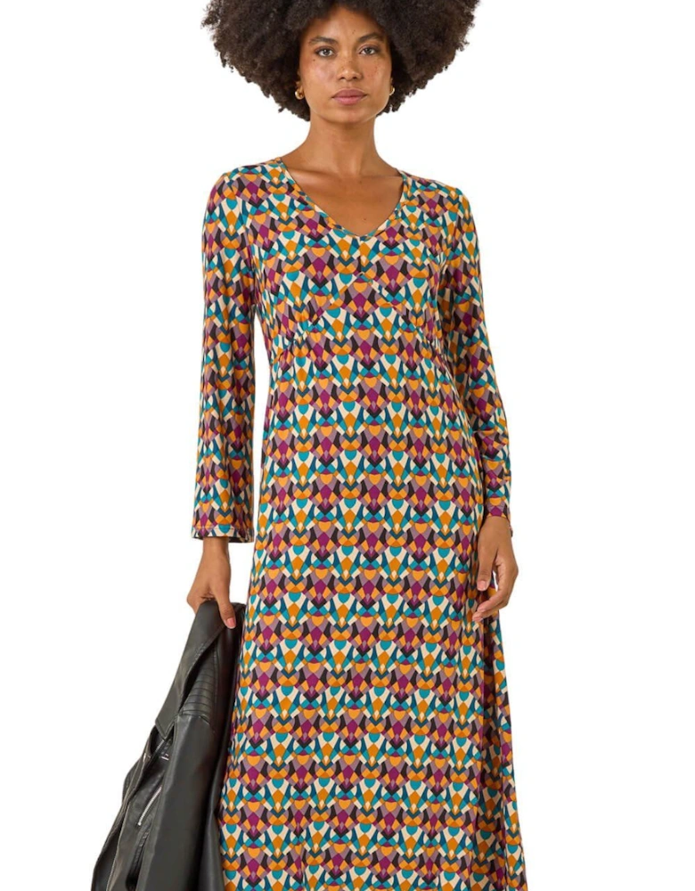 Geo Print Stretch Midi Dress